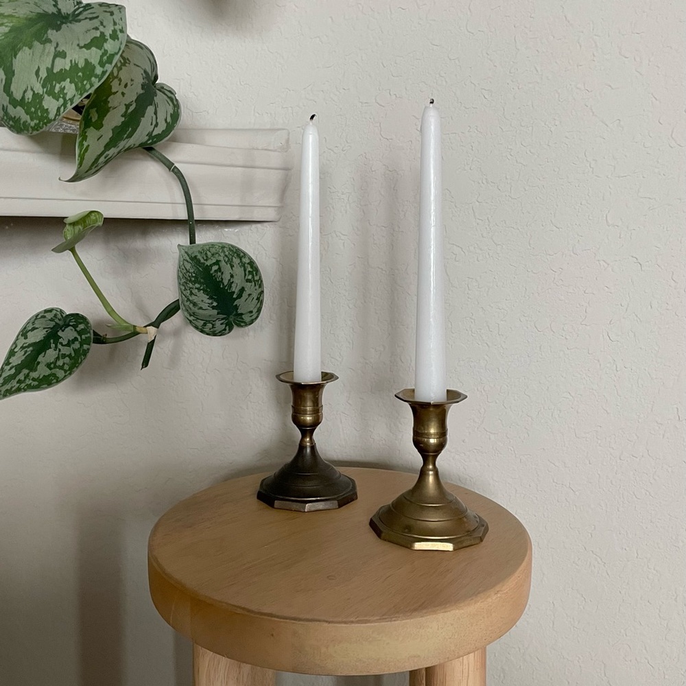 Set of 2 Solid Brass Candlestick Holders 4” Tall & Candles